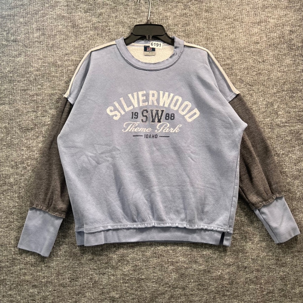 MV Sport Silverwood Theme Park Idaho Sweatshirt Blue Colorblock Raw Edge Medium